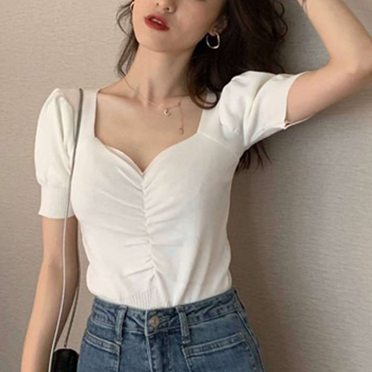 Vintage V-Neck Puffy Sleeve Knit Base T-Shirt