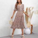 Stylish Print Square Collar Waist Dress