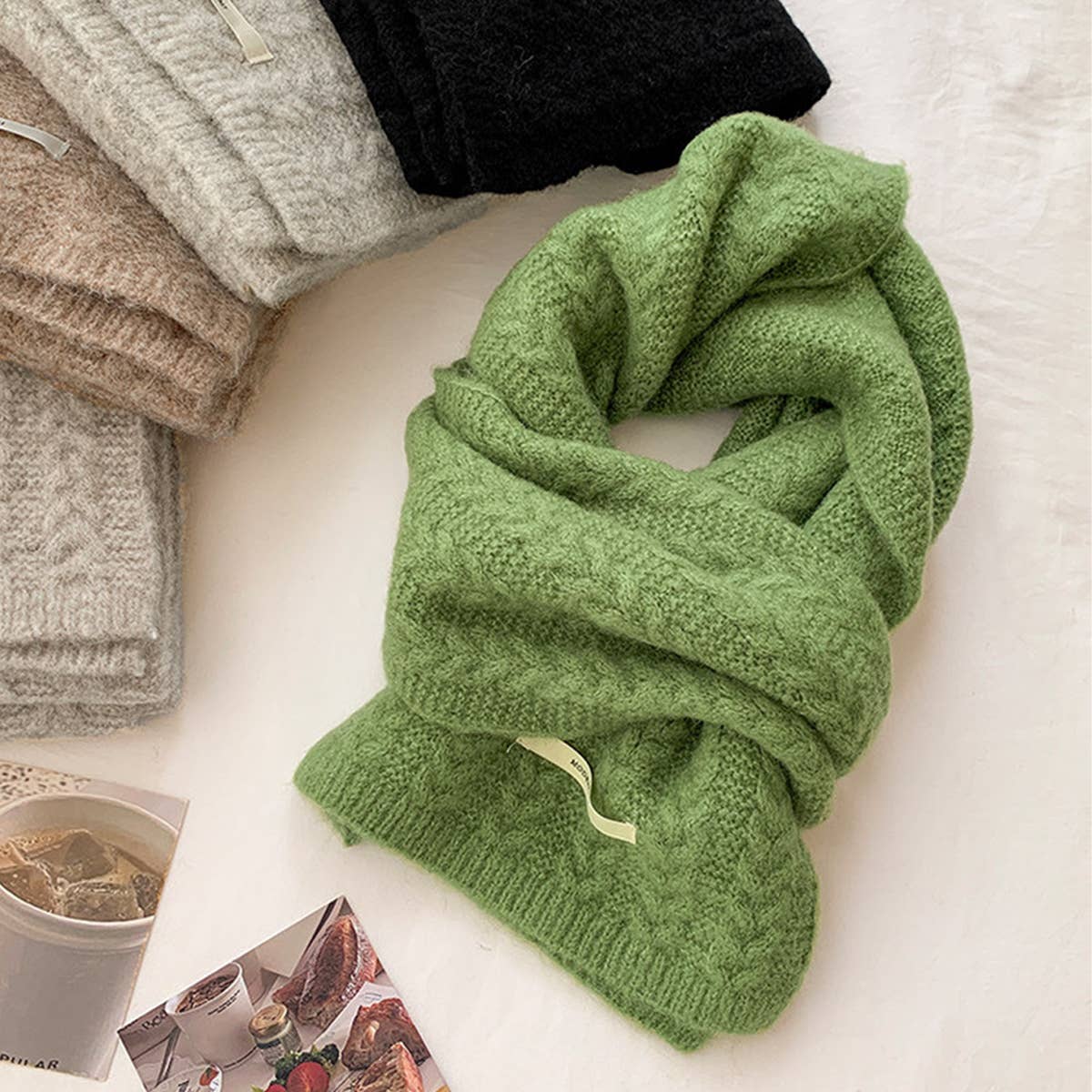 Avocado Green Wool Cable Knit Winter Scarf_Cwasc03813