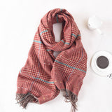 Women Color Matching Plaid Tassel Warm Scarf