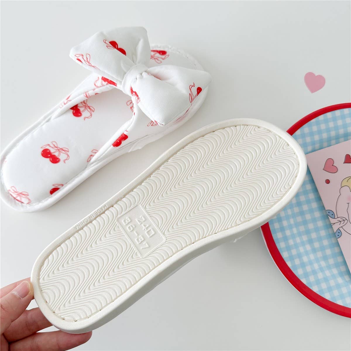 Womens New Cherry Print Bowknot Home Slippers_Cwmm2990