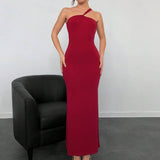 Womens Elegant Backless Red Evening Gown