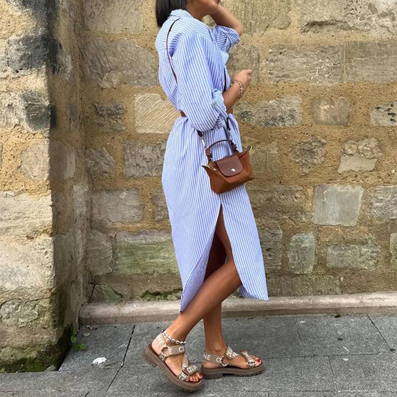 Striped Print Cardigan Mid-Length Dress