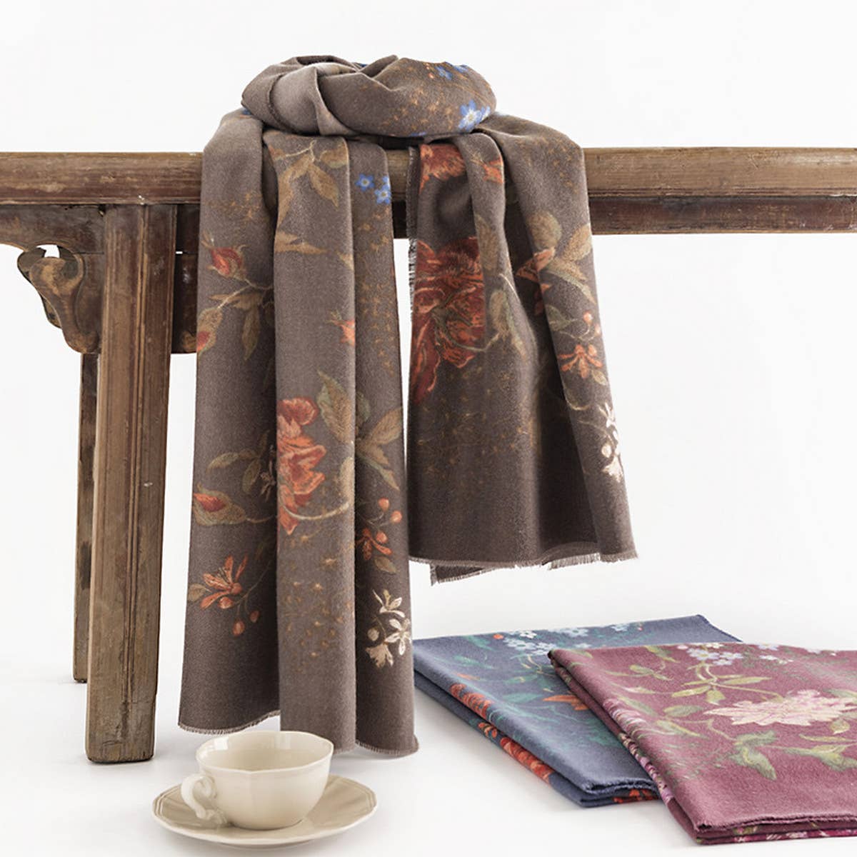 ROSE PRINT TASSEL SCARF BOHO FAUX CASHMERE WRAP_CWASC0456