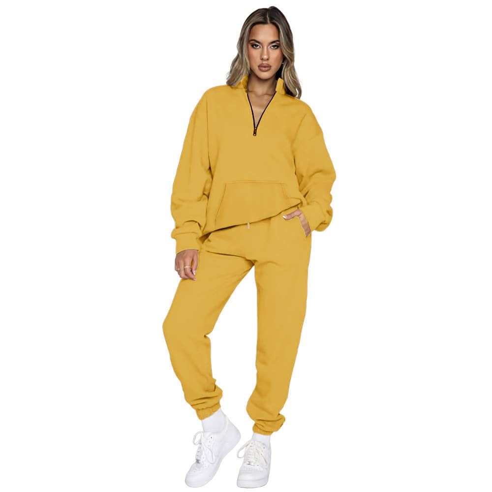Solid-Color Zipper Sweatshirt And Sweatpants Set