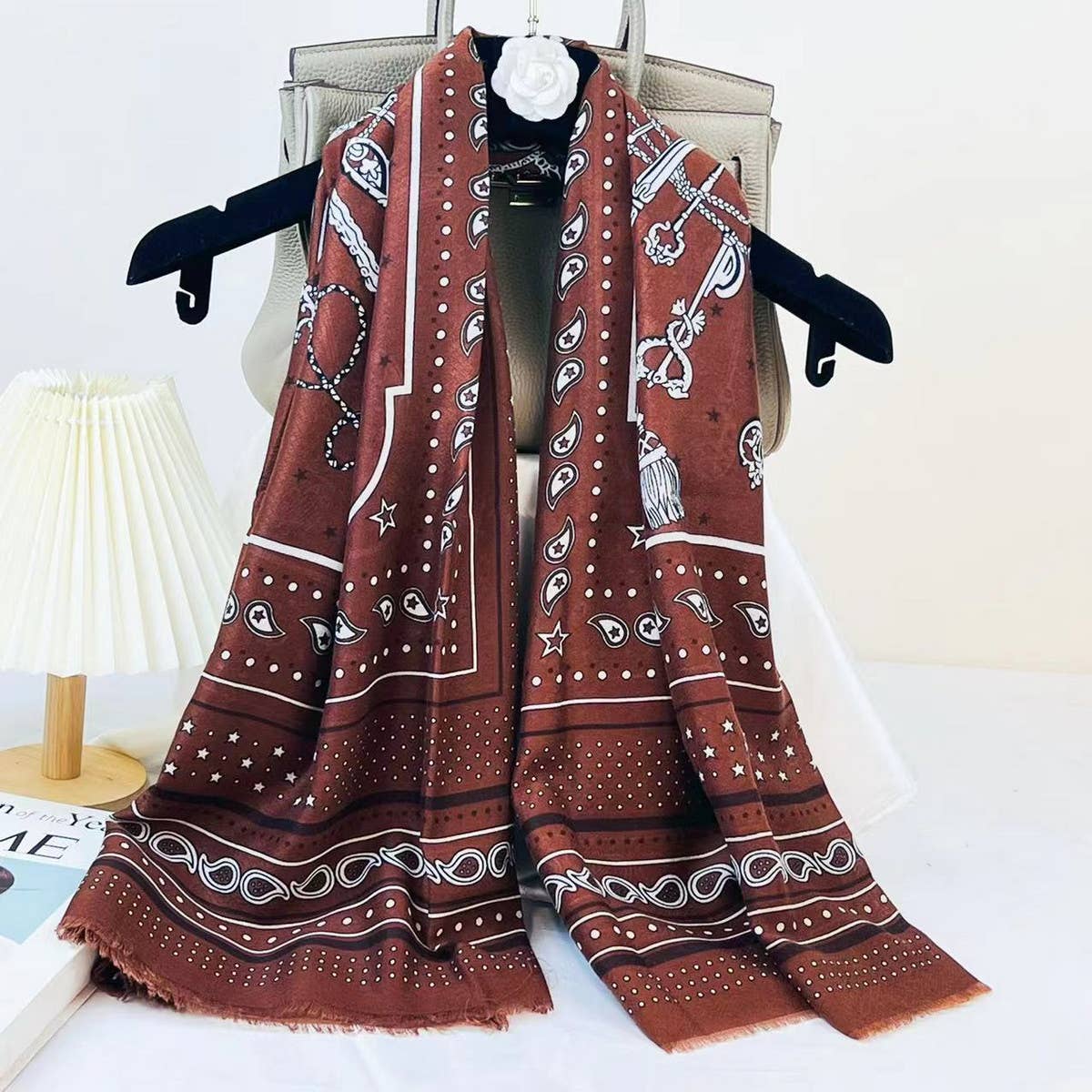 CHAIN PRINT SILK WOOL SCARF LUXURY TRAVEL SHAWL_CWASC0895