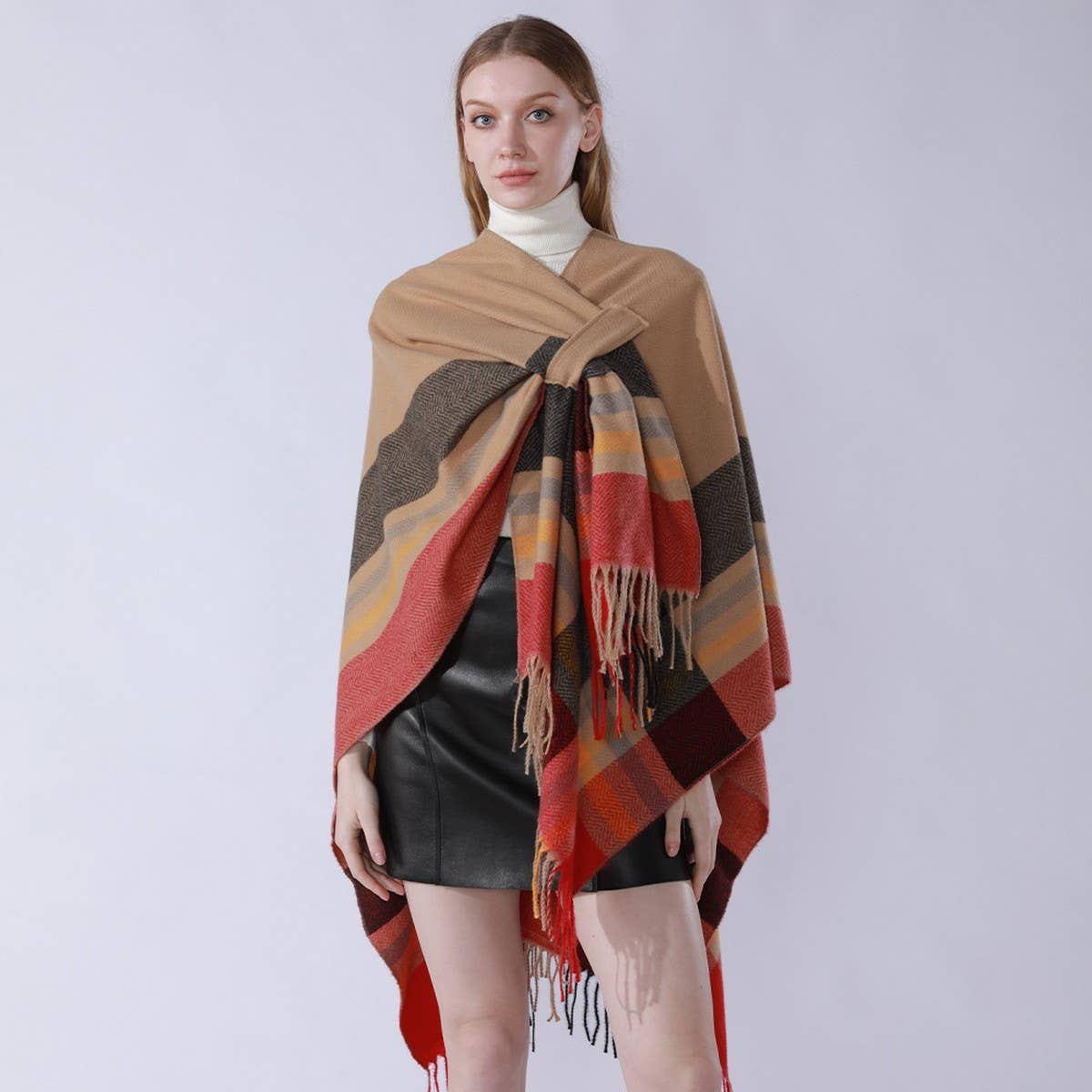 NEW KNITTED TASSEL DOUBLE SIDED PLAID SHAWL_CWMM2085