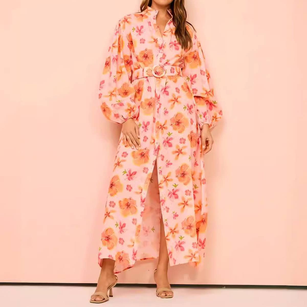 Stand Collar Lantern Sleeve Slit Long Dress