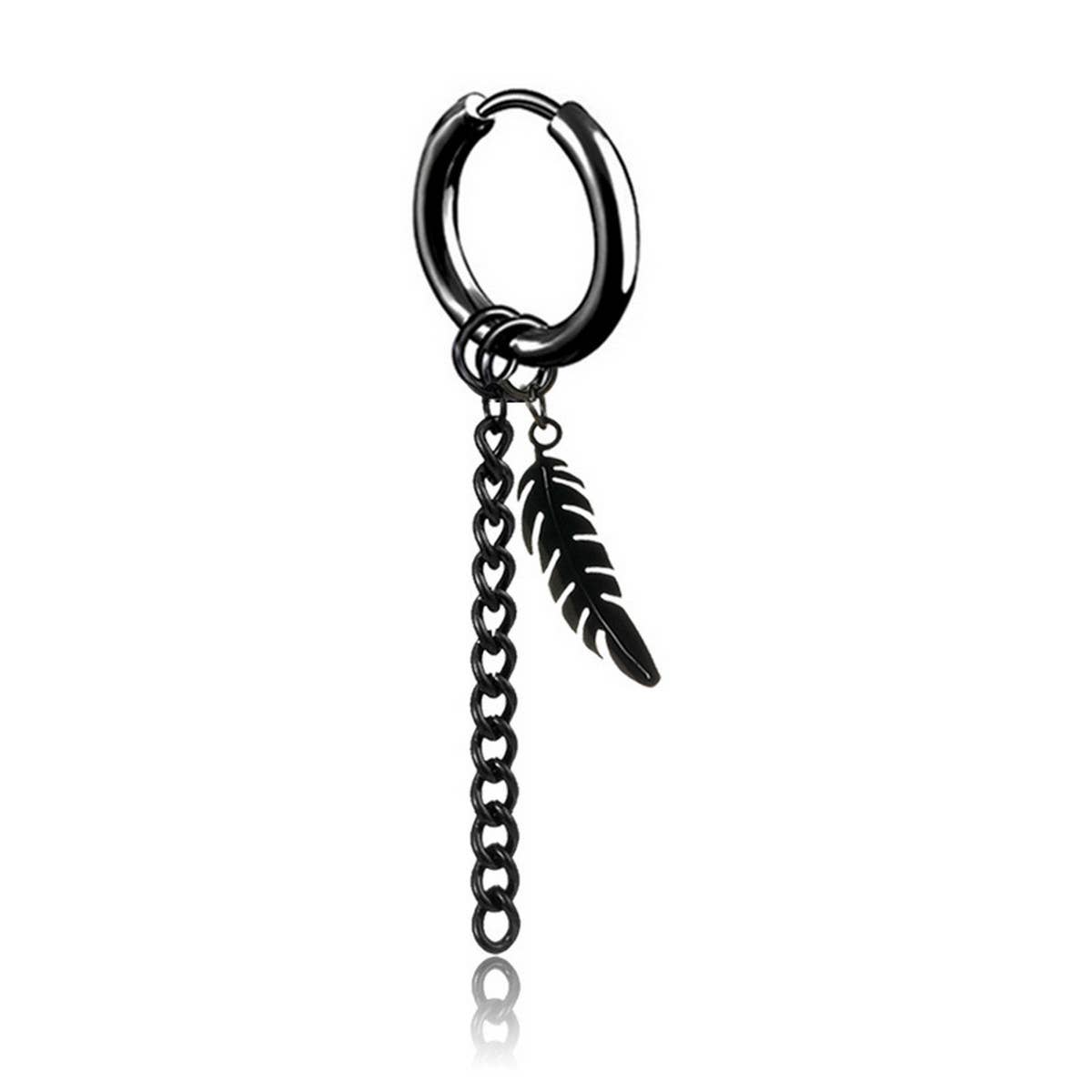 NEW FEATHER SINGLE BLACK CHAIN EARRING_CWAJE2451