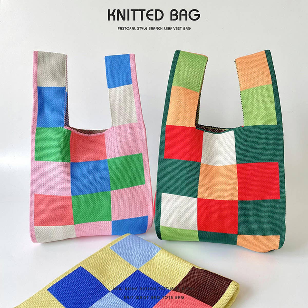 PINK AND GREEN CHECKERBOARD KNIT TOTE BAG_CWAB2394