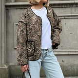 Vintage Leopard Print Crew Neck Cropped Cardigan Jacket