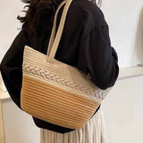NEW COLOR BLOCK SINGLE SHOULDER STRAW BAG_CWAB1880