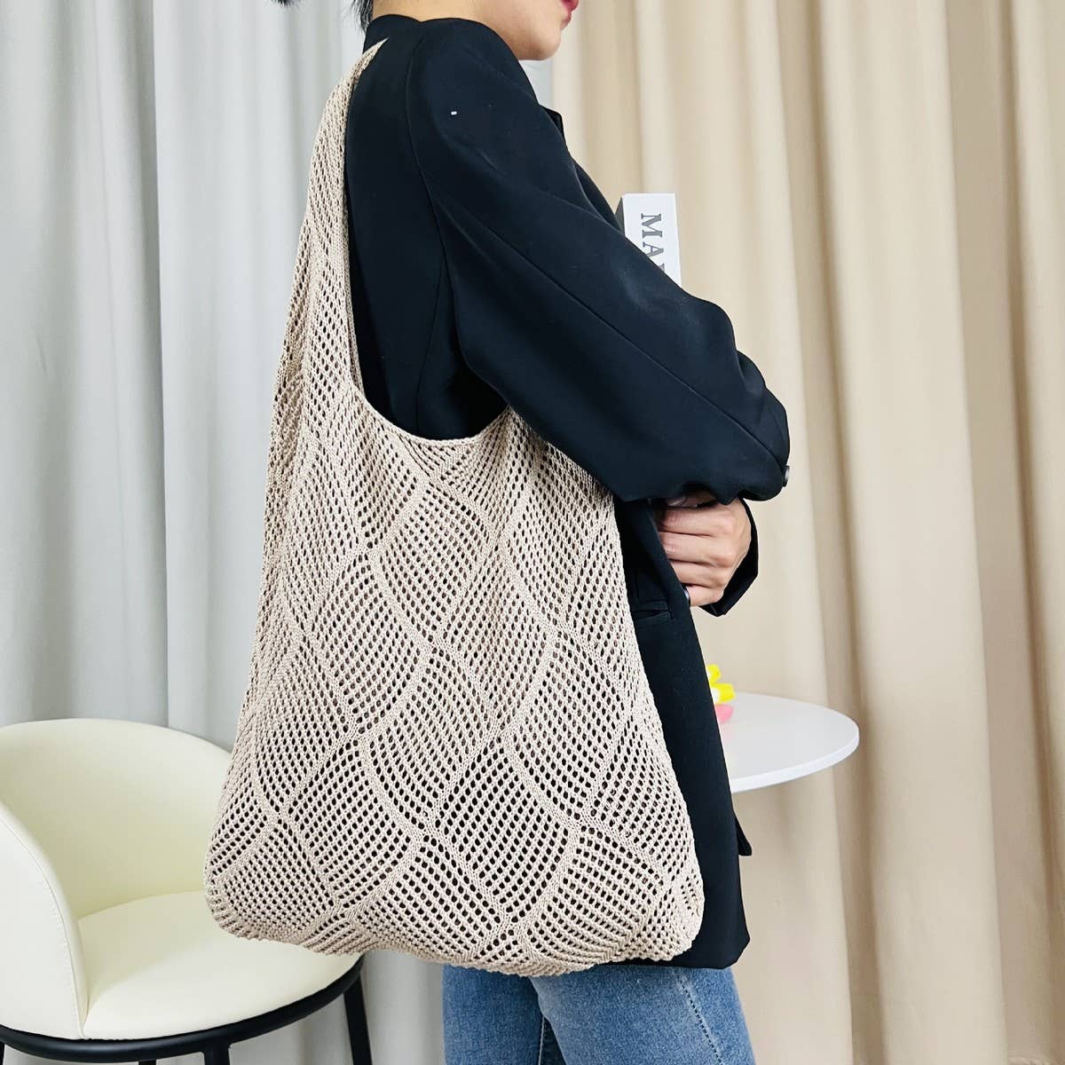 Cwab4575_Solid Knit Hollow Woven Shoulder Tote Bag