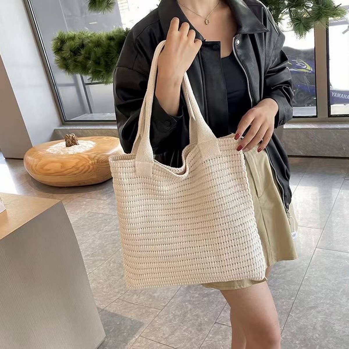 Cwab4574_Solid Color Large Capacity Knitted Shoulder Bag