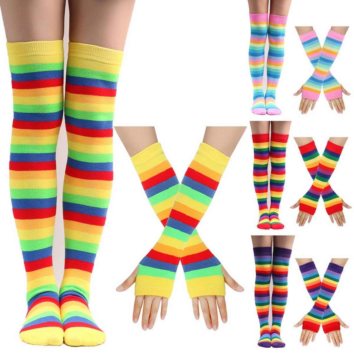 COLORFUL STRIPED KNEE SOCKS AND GLOVES SET_CWMS0309