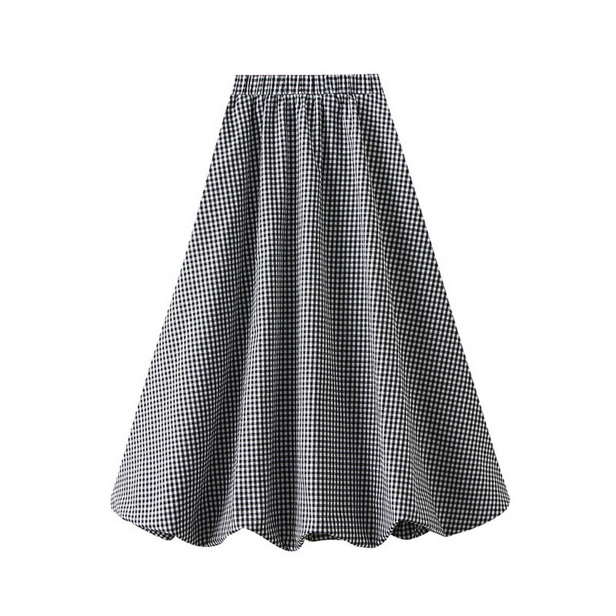 PLAID HIGH WAIST A LINE LANTERN MIDI SKIRT_CWBMS0364