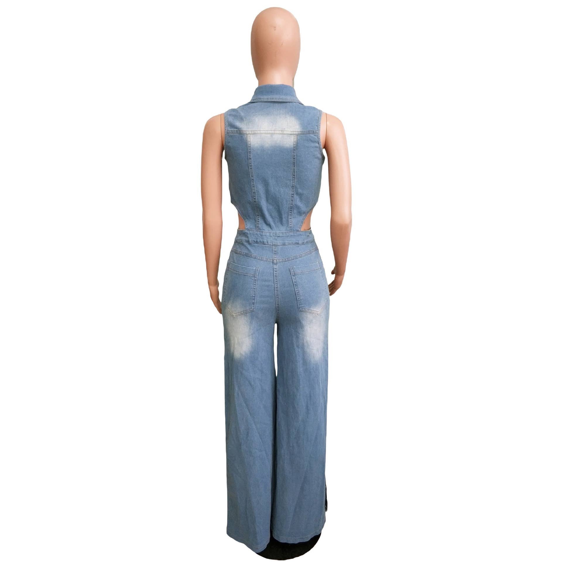 Tight Waist Slim Stretch Wash Denim Jumpsuit