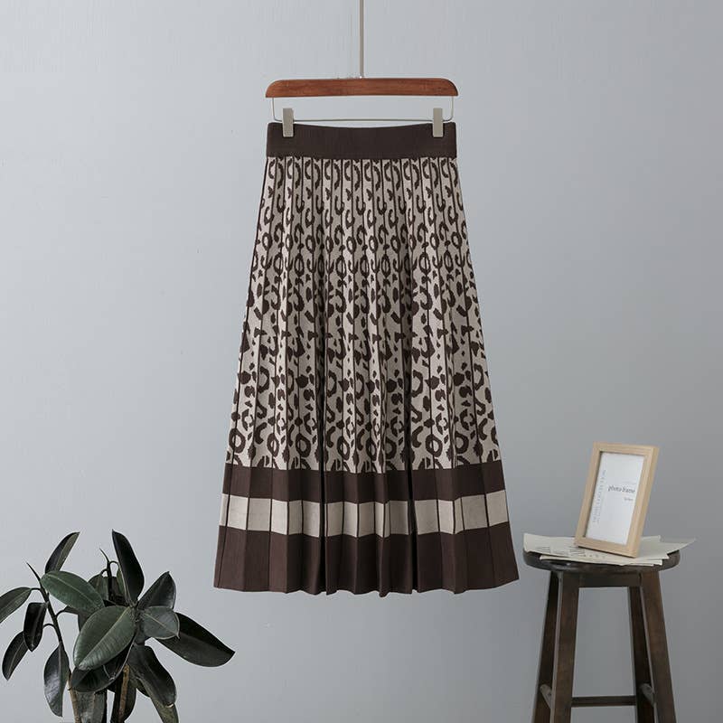Vintage Leopard Print Contrast Knit Skirt