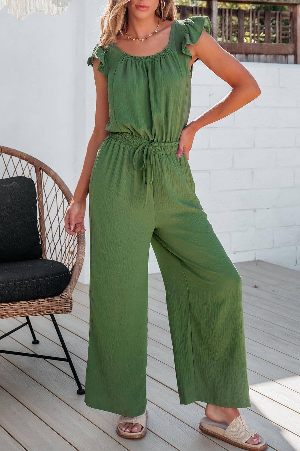 Womens Ruched Romper With Ruffle Sleeves