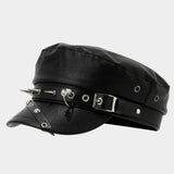 Punk Leather Flat Top Cap Studded Army Hat_Cwah04630