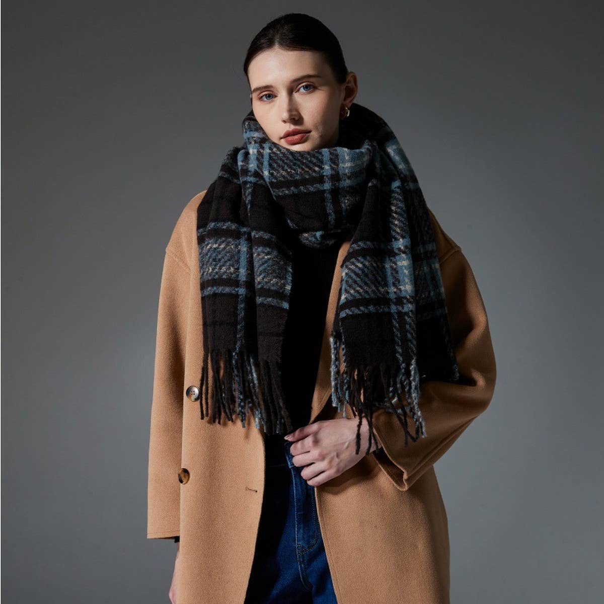AMAZON HOT SELLER FAUX WOOL BLUE PLAID SCARF SHAWL_CWASC1277