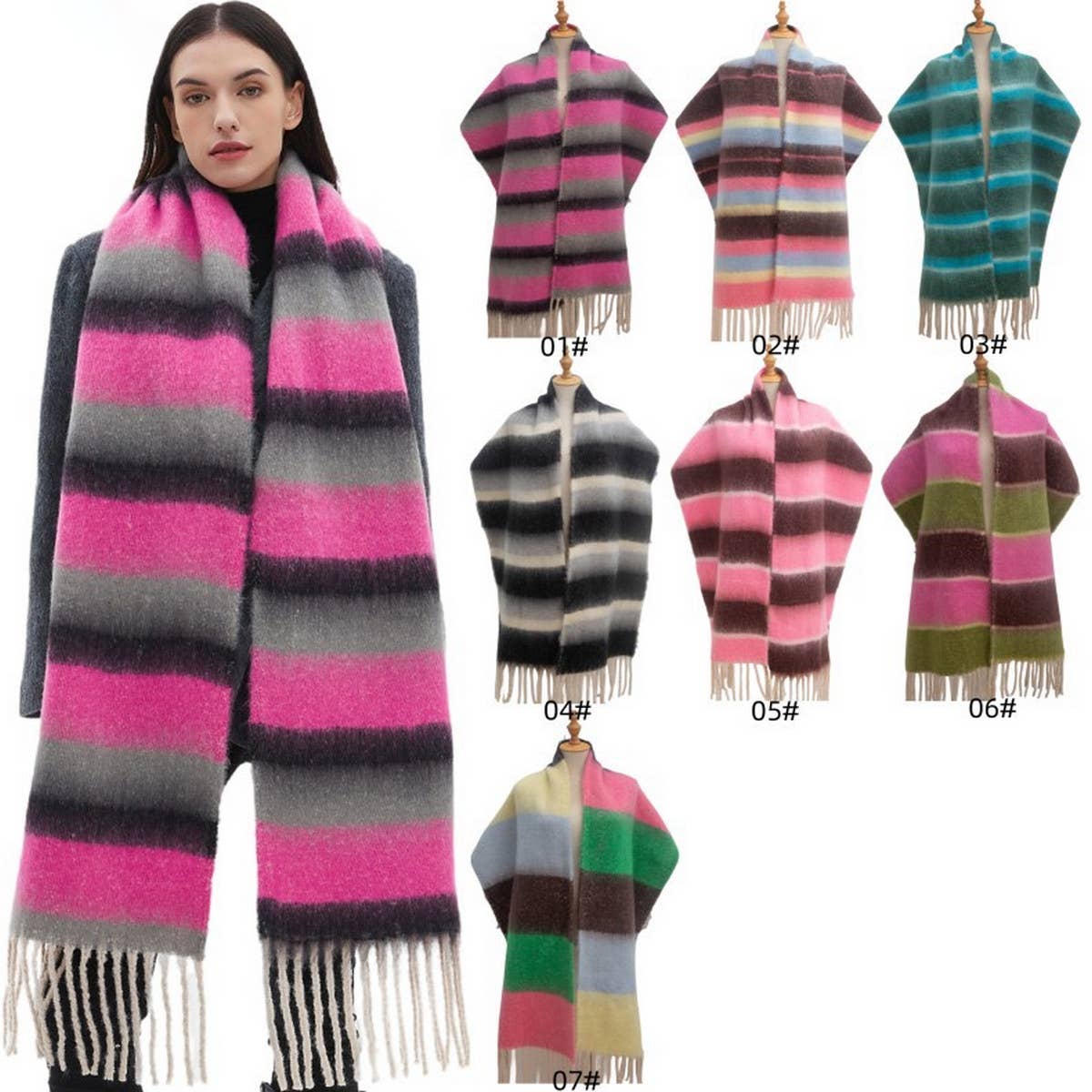 CHUNKY FRINGE STRIPE SCARF WINTER YARN WRAP_CWASC0877