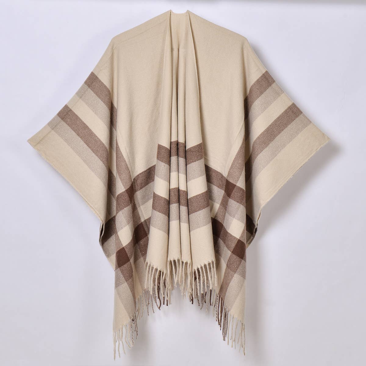 TASSEL TWO TONE STRIPED PLAID CARDIGAN CAPE SHAWL_CWASC0944
