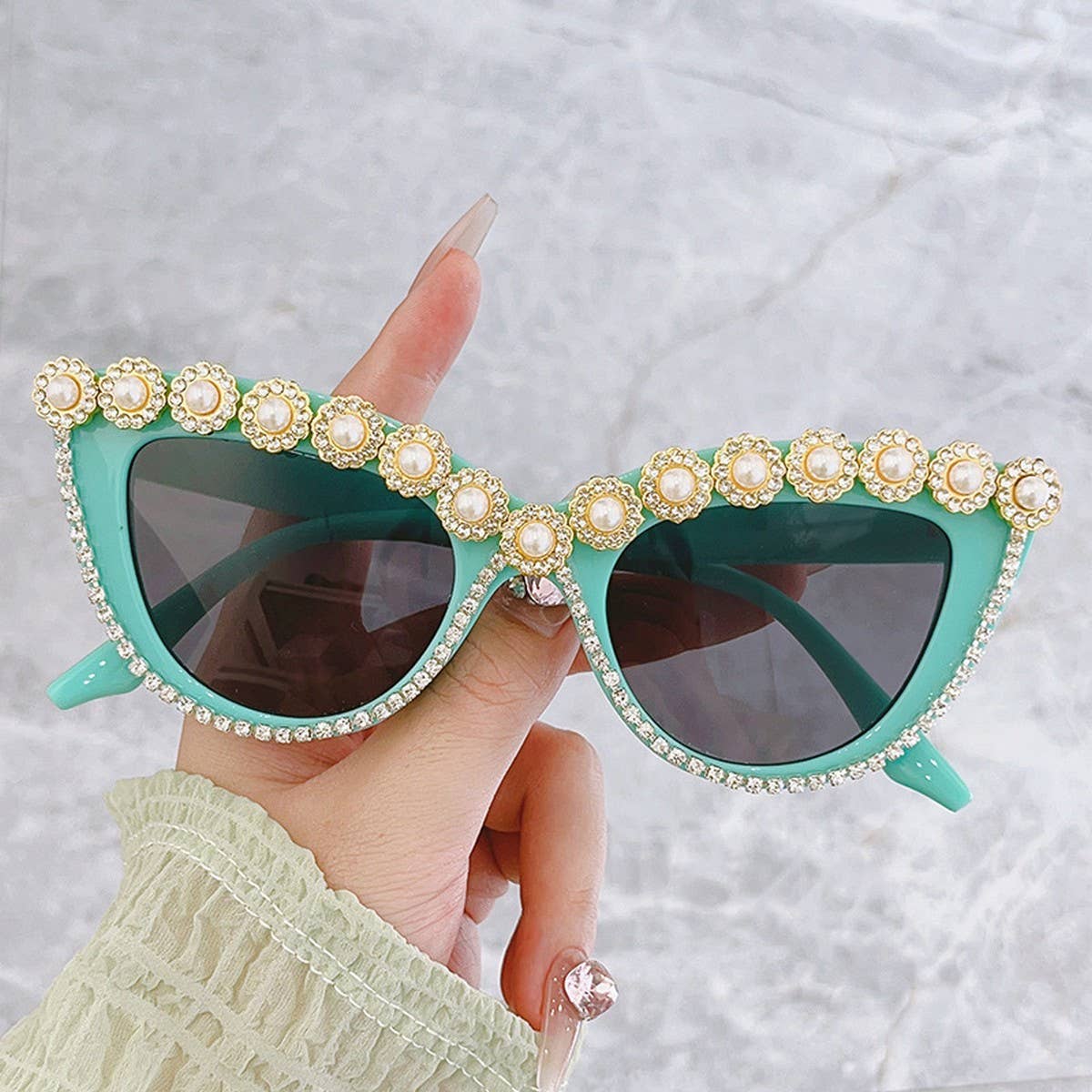 HANDMADE RHINESTONE PEARL RETRO CAT EYE SUNGLASSES_CWASG0268