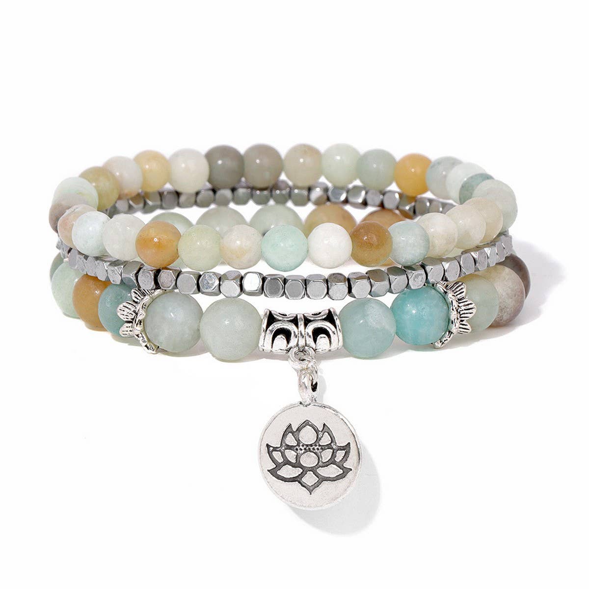 Cwaje4221_Natural Stone Beaded Bracelet with Lotus Charm
