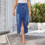Wome Washed Denim Midi Skirt With Slit_Cwjsk0196