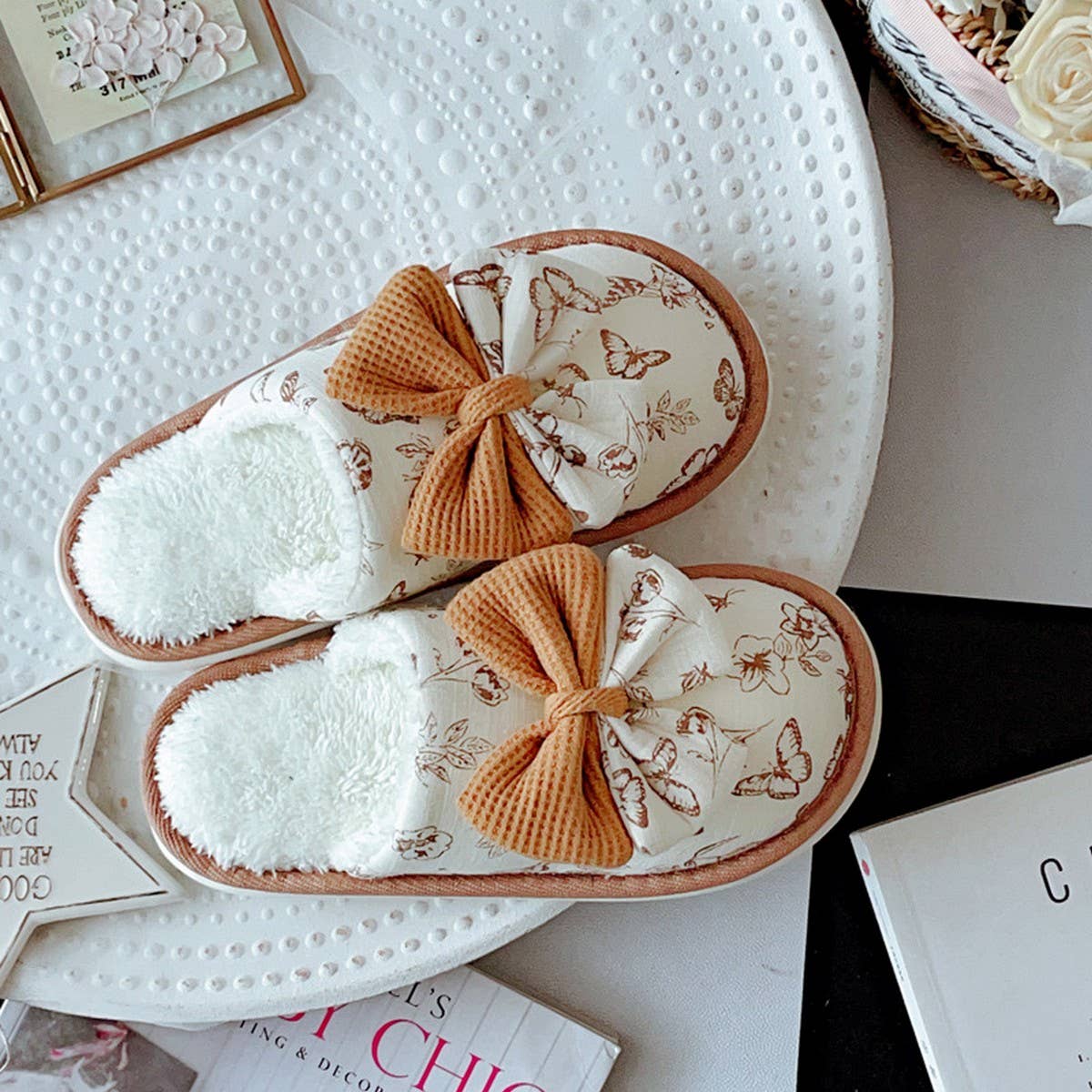 NEW FLORAL BOW WARM HOME SHOES FOR WOMEN_CWMM2959