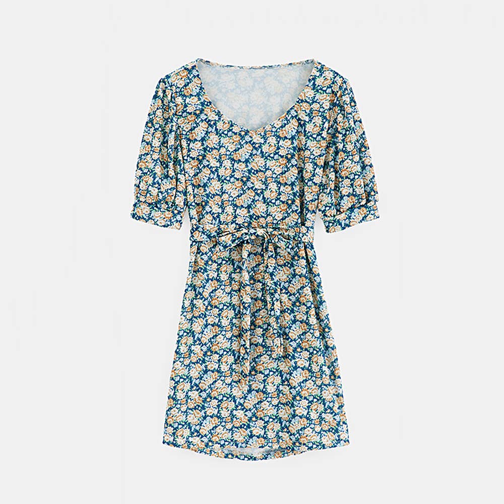 V-Neck Short-Sleeved Belt Print Short Dress