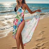 PLUS SIZE ONE PIECE BEACH SKIRT TASSEL TRIM DRESS_CWBLS0478