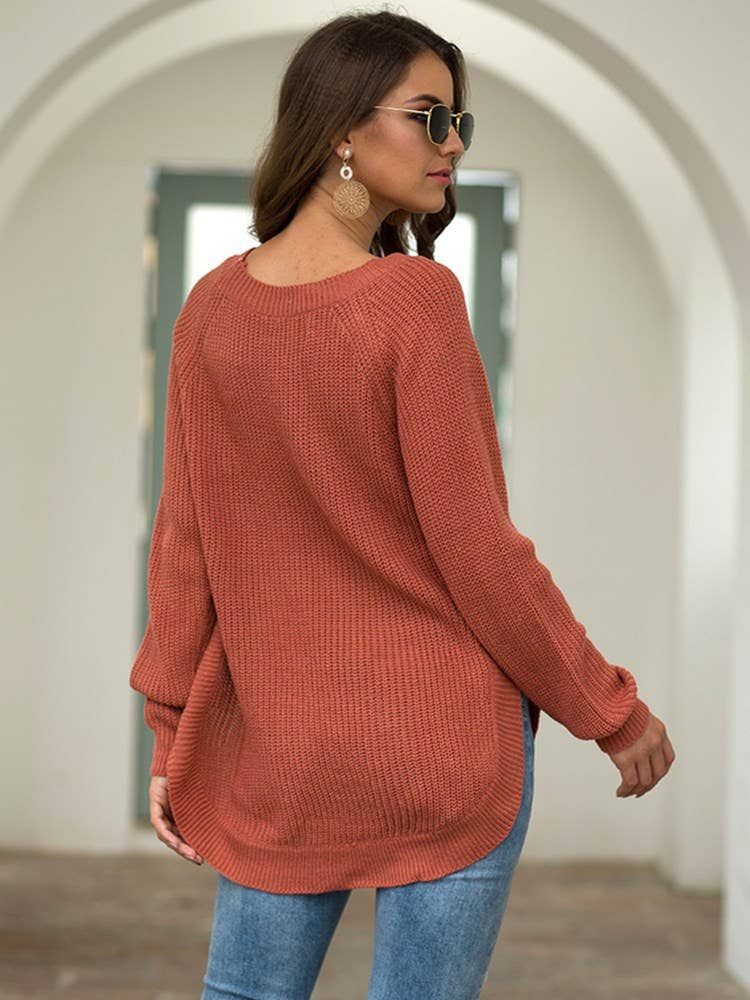 Solid Color Crew Neck Pullover With High Split
