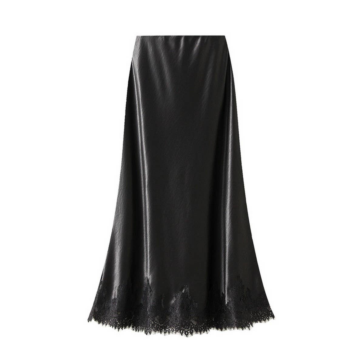LACE TRIMMED SATIN A LINE MIDI SKIRT WITH DRAPING_CWBMS0327