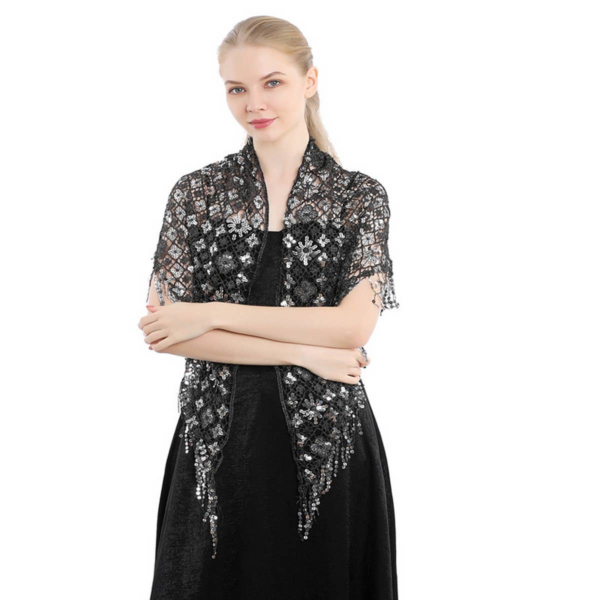 SEQUIN FRINGE TRIANGLE SHAWL BRIDAL PARTY WRAP_CWASC1085