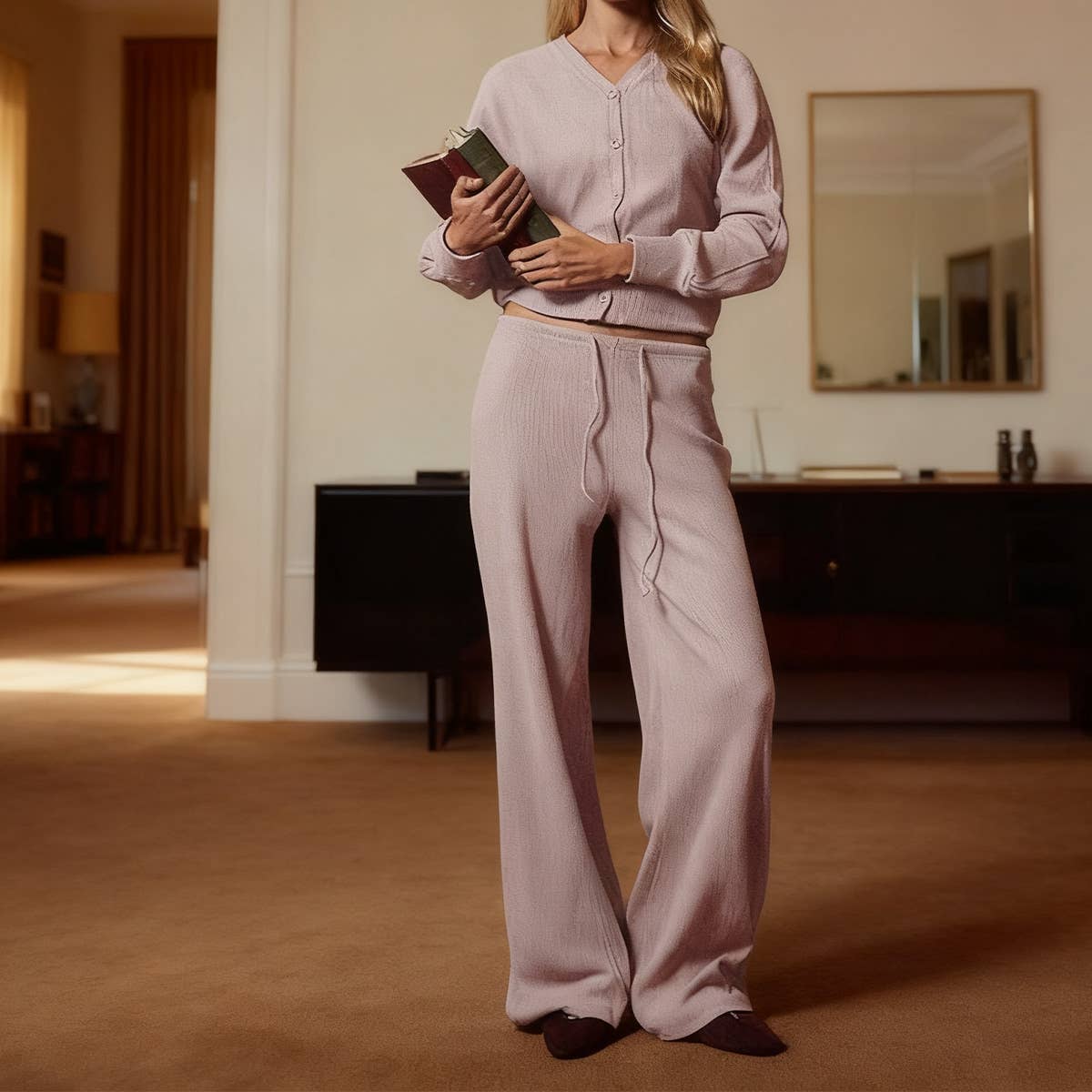 V-Neck Fitted Cardigan Lace-Up Wide-Leg Pant Set