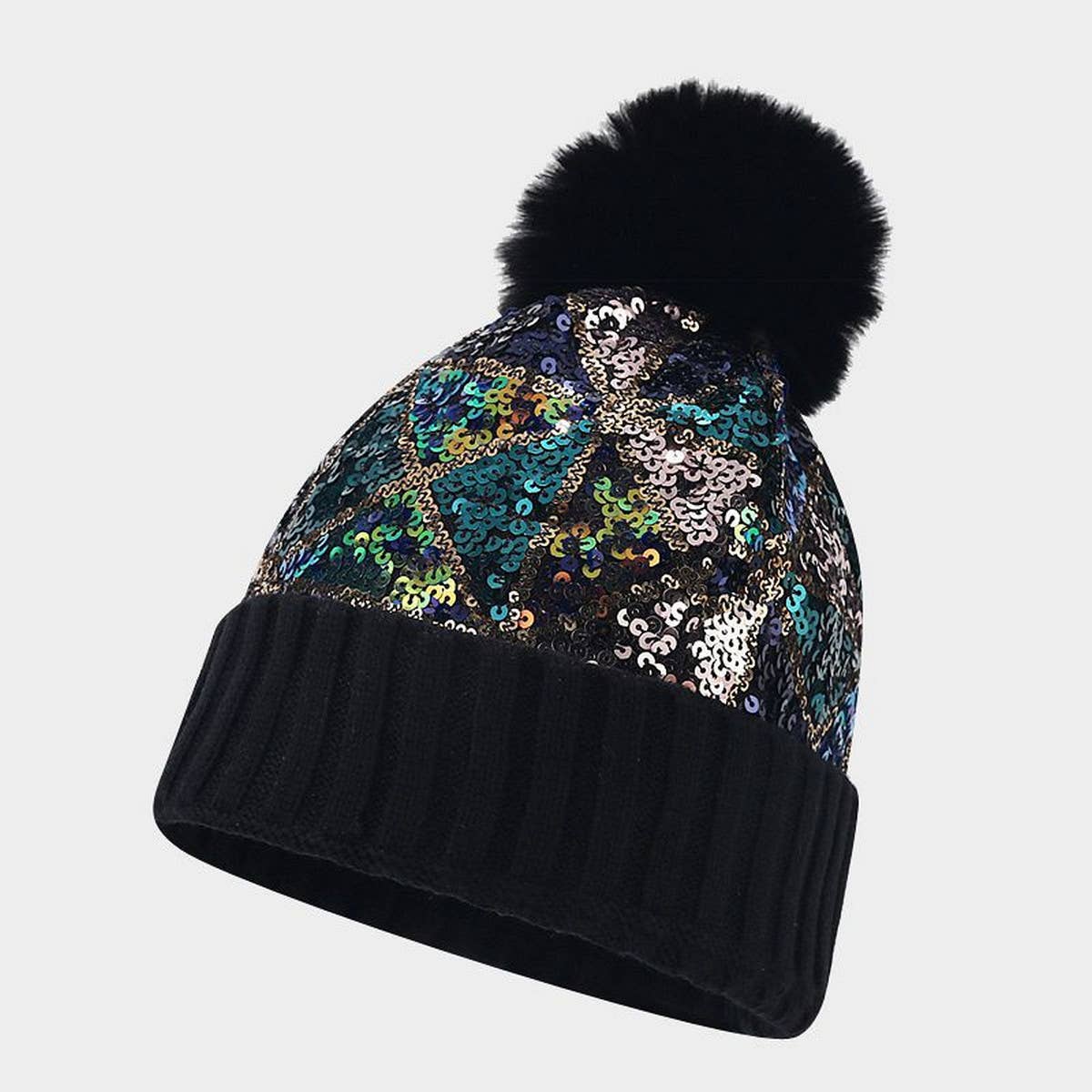 COLORFUL SEQUINED POM POM KNITTED HAT_CWAH1613