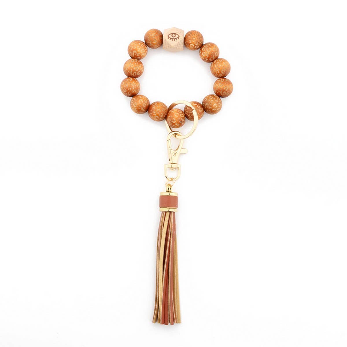 LEOPARD WOOD BEAD BRACELET KEYCHAIN WITH TASSEL_CWMM7016