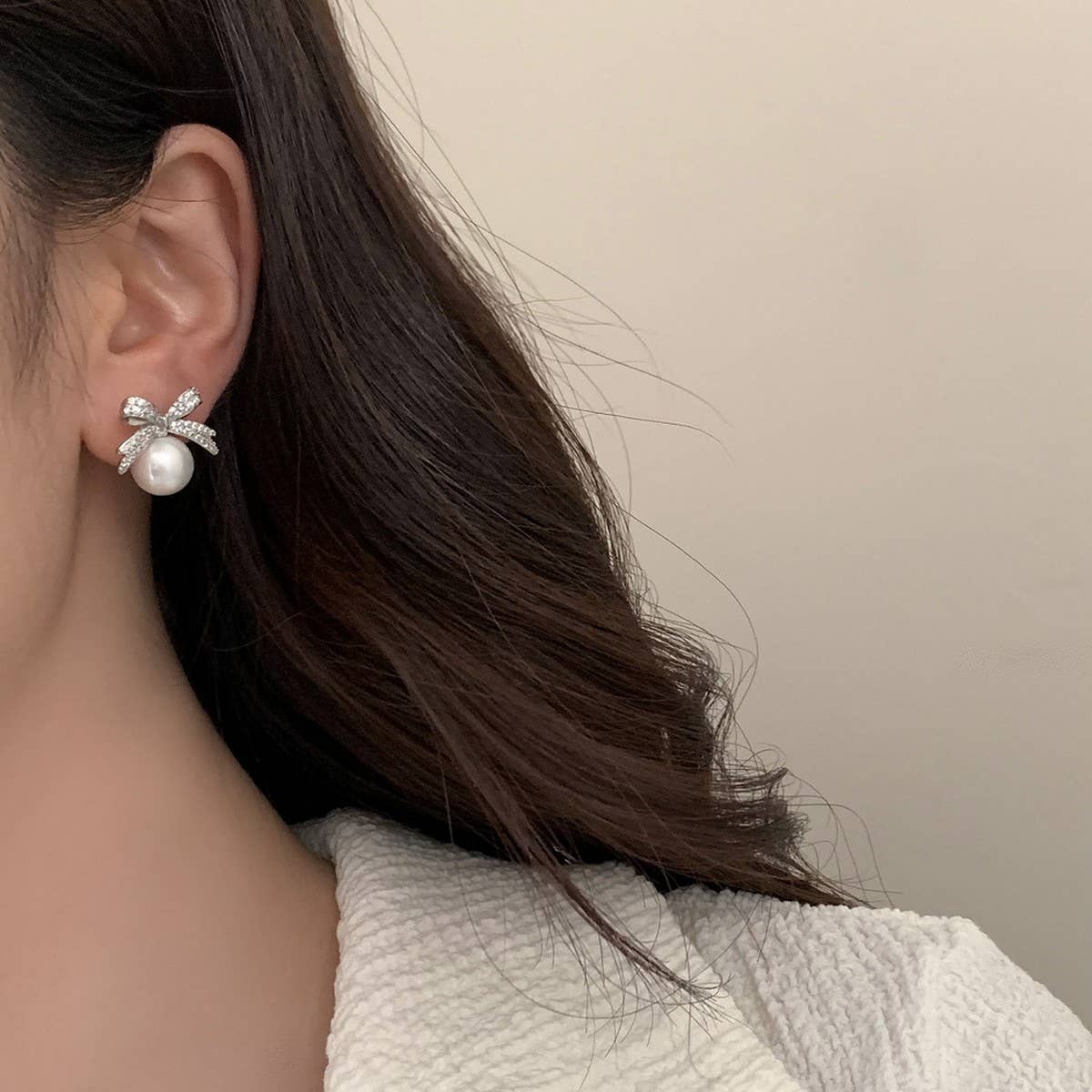 Womens Vintage Full Diamond Bow Pearl Earrings