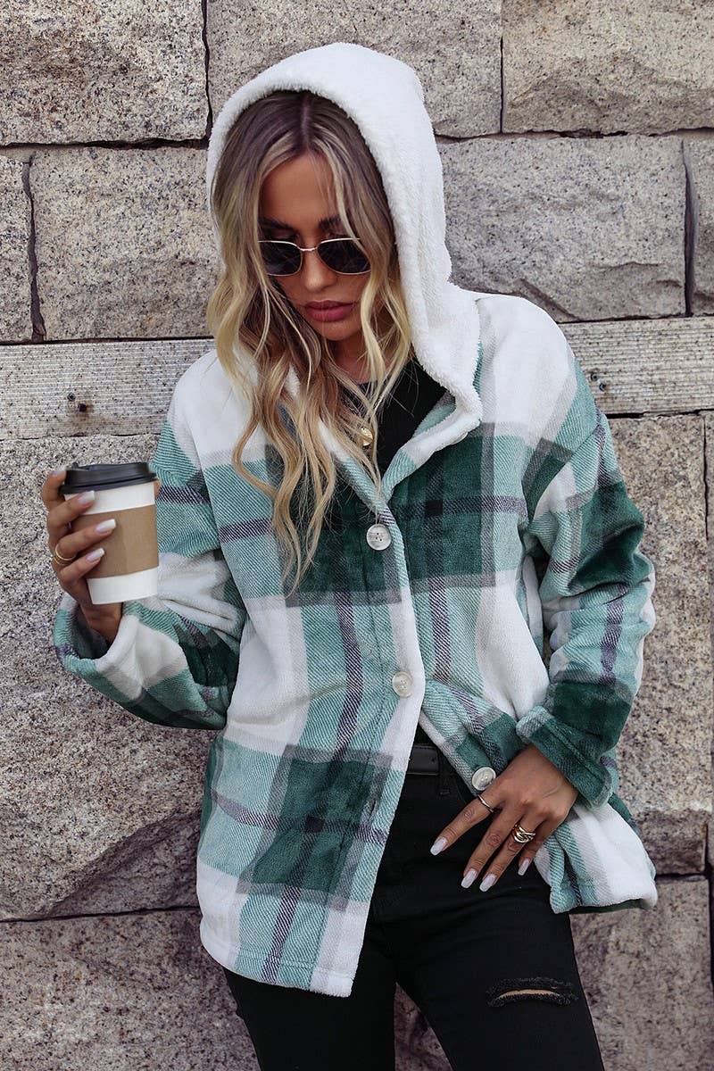 Women Hooded Long Sleeved Plaid Loose Jacket_Cwoco0121