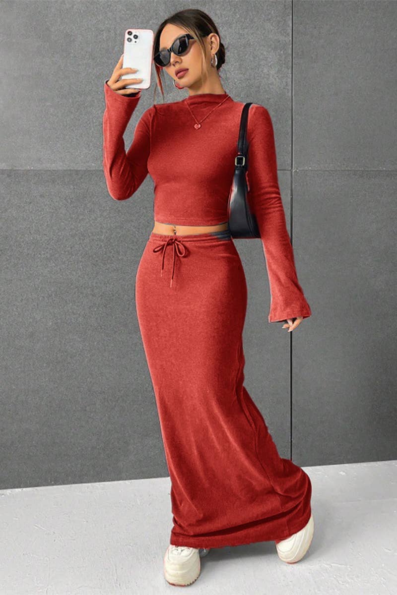 Solid Color Pants Long-Sleeved Top Two-Piece Set