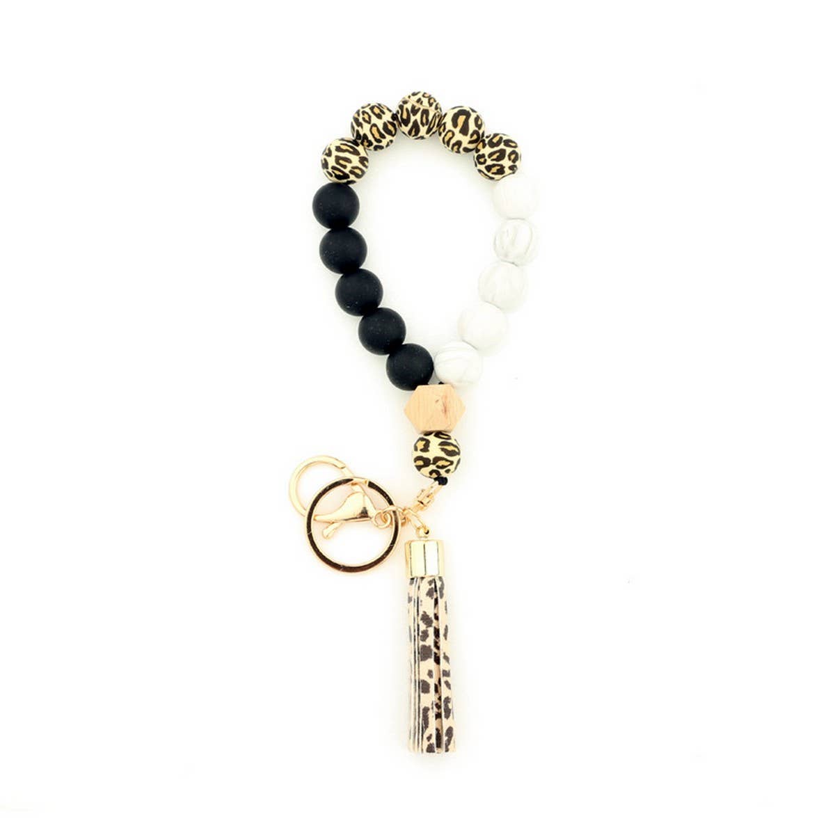 SILICONE WOOD BEAD BRACELET WITH LEATHER KEYCHAIN_CWMM7009