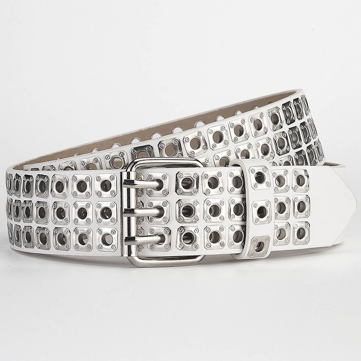 SQUARE BEAD RIVET TRIPLE ROW EYELET PUNK BELT_CWABE0584