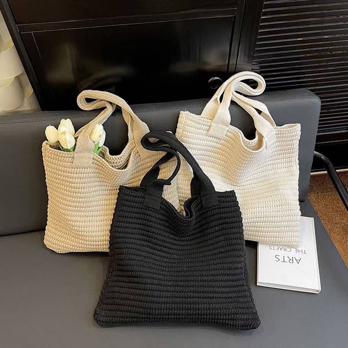 Cwab4574_Solid Color Large Capacity Knitted Shoulder Bag