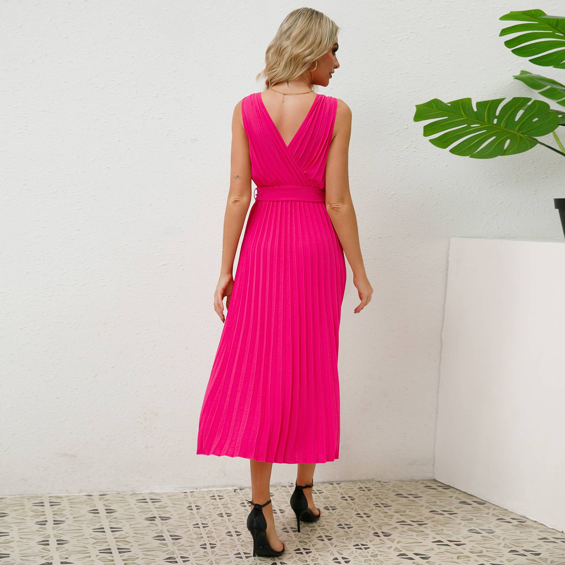 V-Neck Pleated Belted Bodycon Midi Dress