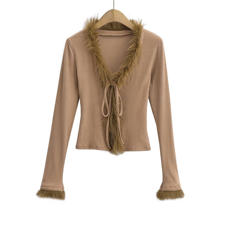 Woolly Patchwork Strap Slim-Fit V-Neck Cardigan