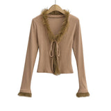 Woolly Patchwork Strap Slim-Fit V-Neck Cardigan