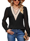 Cwtbll2401_V-Neck Lace Stitching Long-Sleeved Casual Top