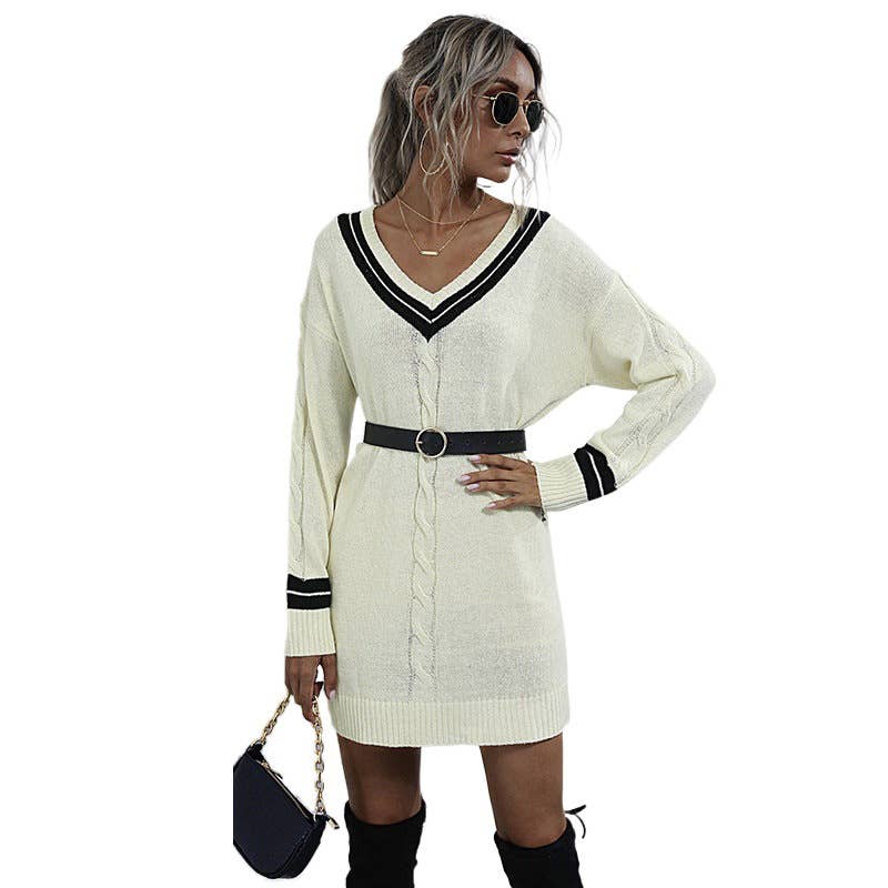 Style Pullover V-Neck Mid-Length Sweater Dress